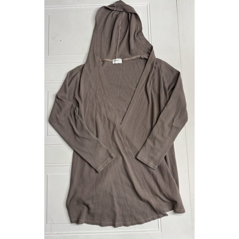 Allen Allen Open Cardigan Womens M Brown Drape Front Hooded Waffle Print Thermal